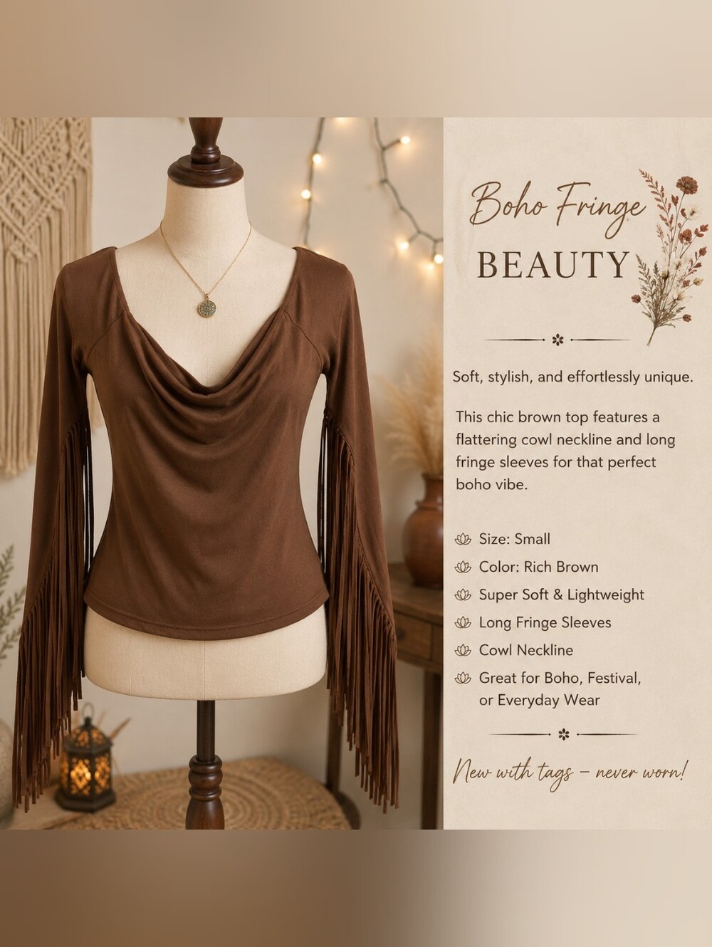Boho Fringe Cowl Neck Top - Rich Brown